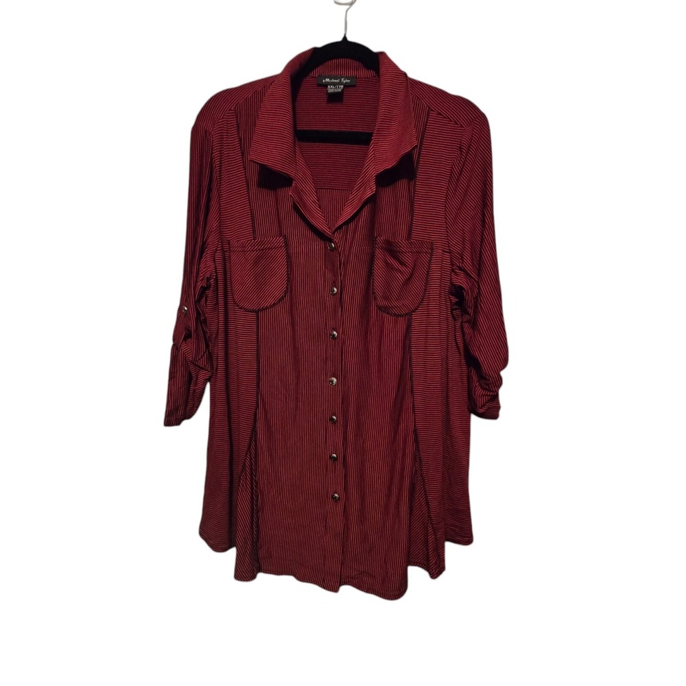 Michael Tyler Stripe Tunic Top Womens XXL Button Up Blouse‎ Roll-tab Lagenlook